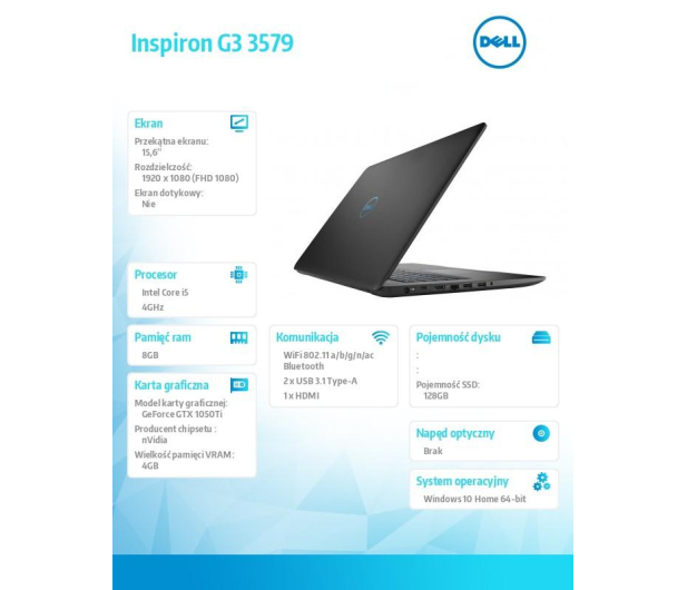 Dell Inspiron G3 i5-8300H/8GB/128+1TB/Win10 GTX1050Ti - 479460 - zdjęcie 2